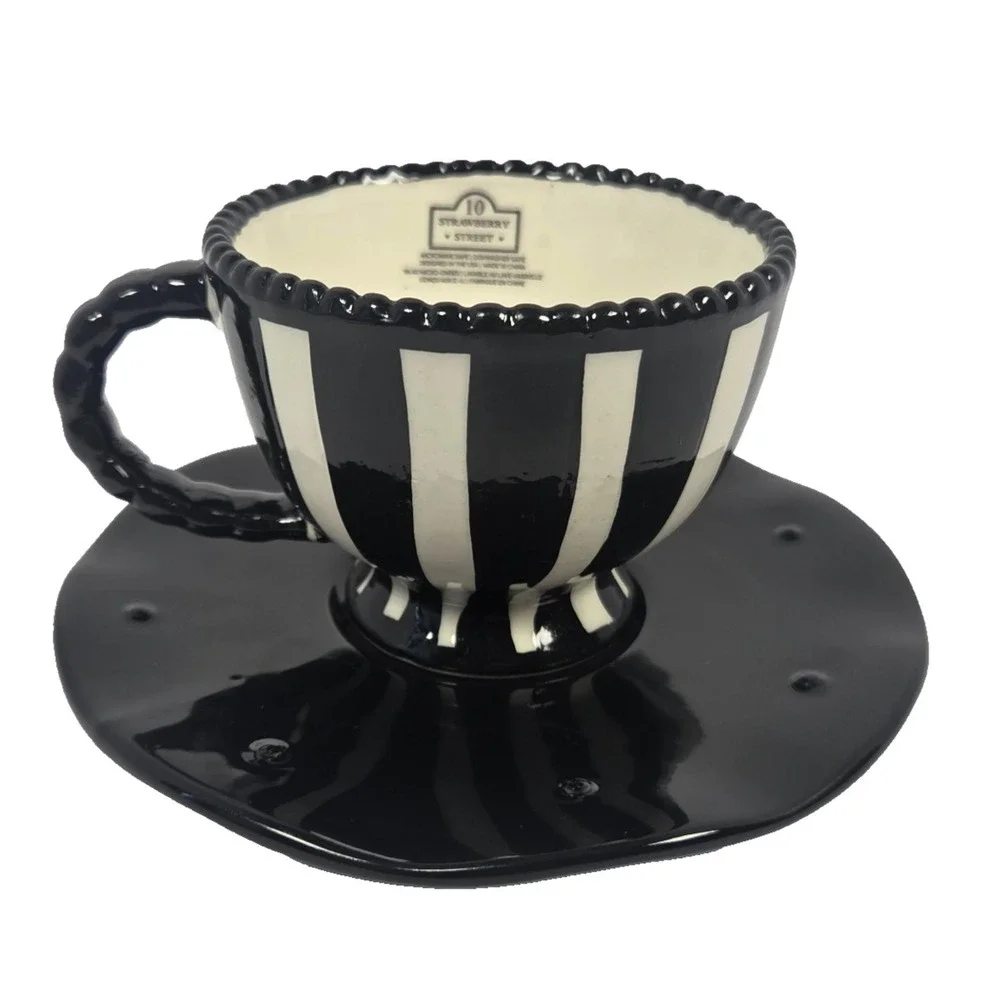 10 Strawberry Street Black White Stripe Ceramic Teacup Saucer Set Halloween